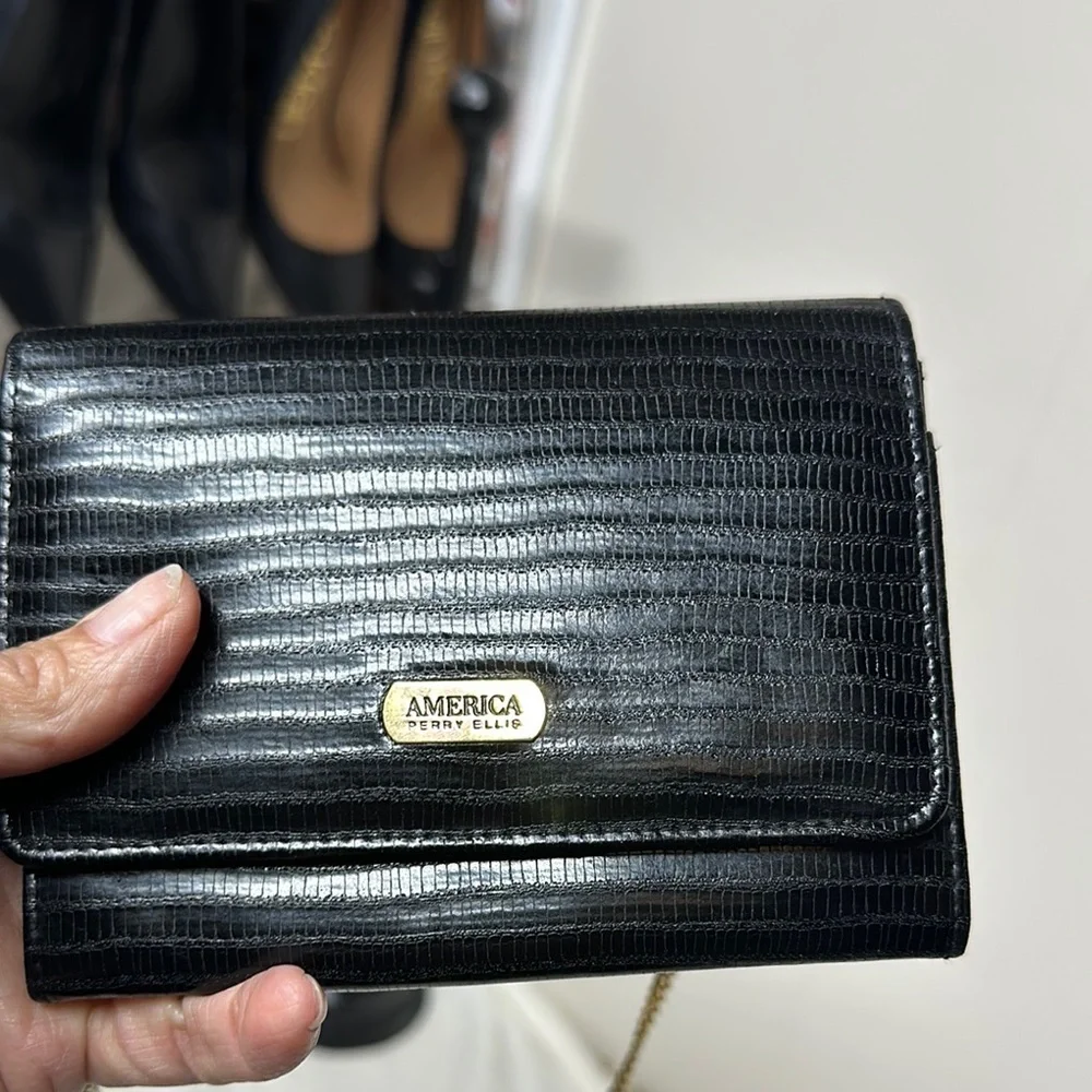 Perry Ellis Black and Gold Crossbody Bag with Chain Strap
